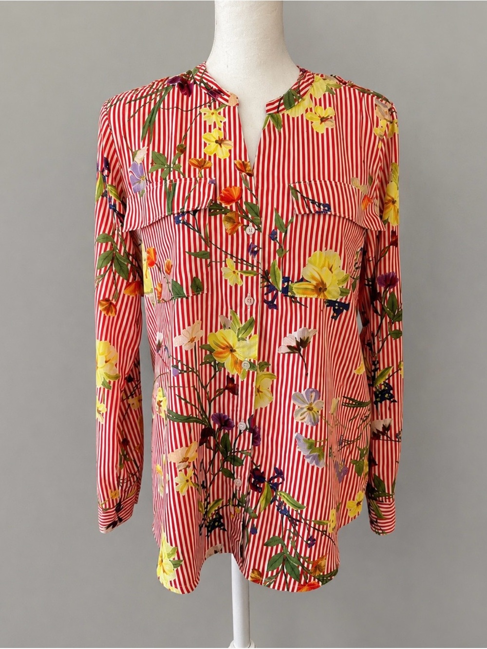 Calvin Klein Vibrant Red & White Striped Floral Button Down Blouse Shirt Sz M/L